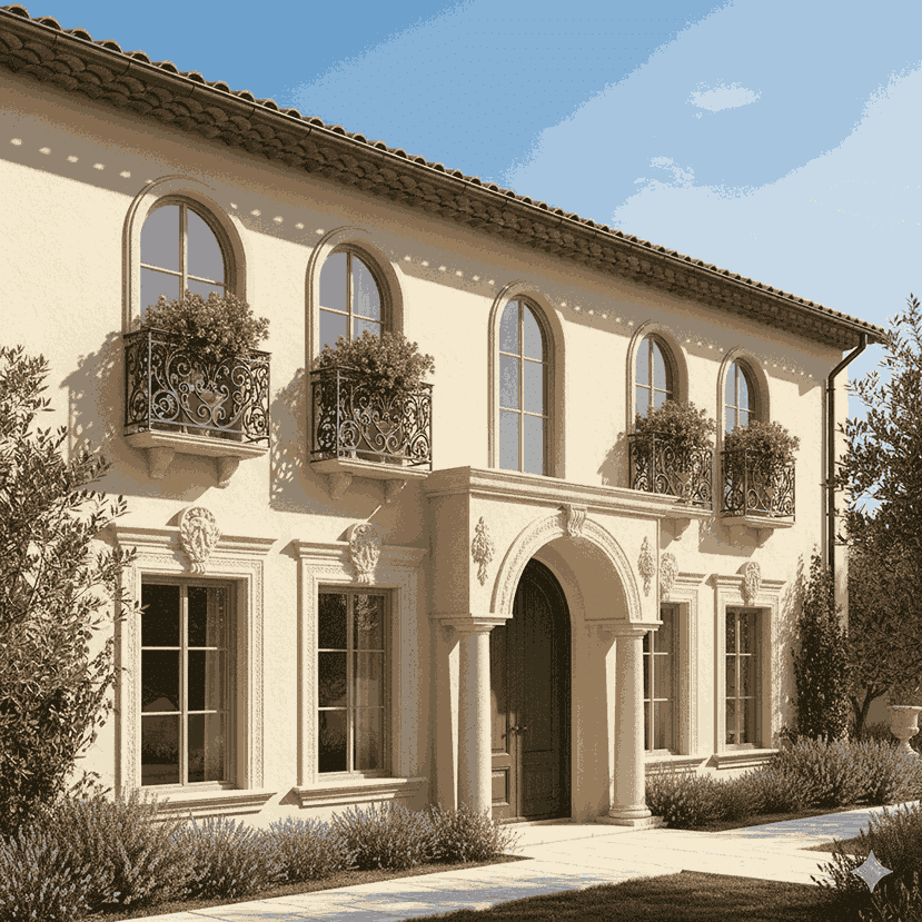 dinding dan fasad rumah Mediterania bernuansa hangat