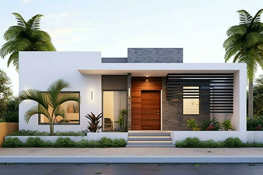 fasad aksen kayu dan kisi hitam