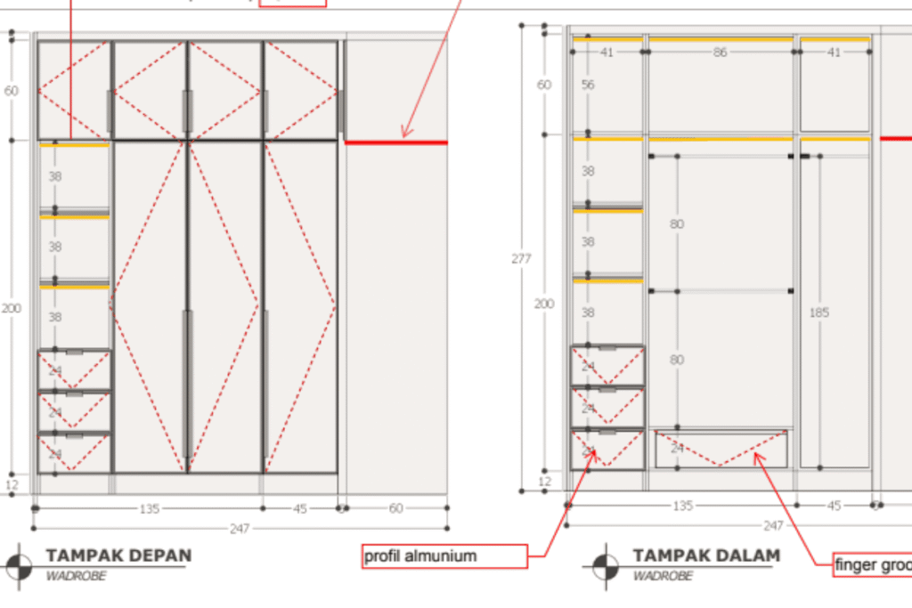 Tampak depan dan tampak dalam Walk-in Closet