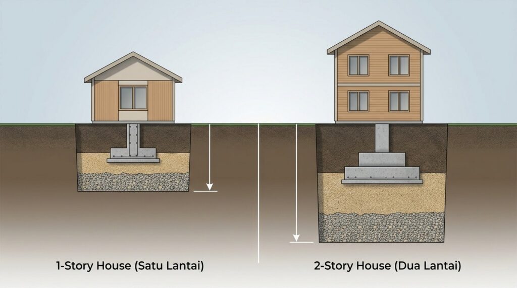 Perbandingan kedalaman pondasi rumah 1 dan 2 lantai