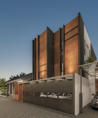 Fasad kost 3 lantai dengan corten steel dan bata ekspos