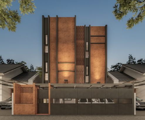 Desain kost 3 lantai modern tampak depan