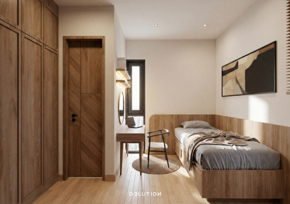 Kamar kost dengan lemari built-in kayu
